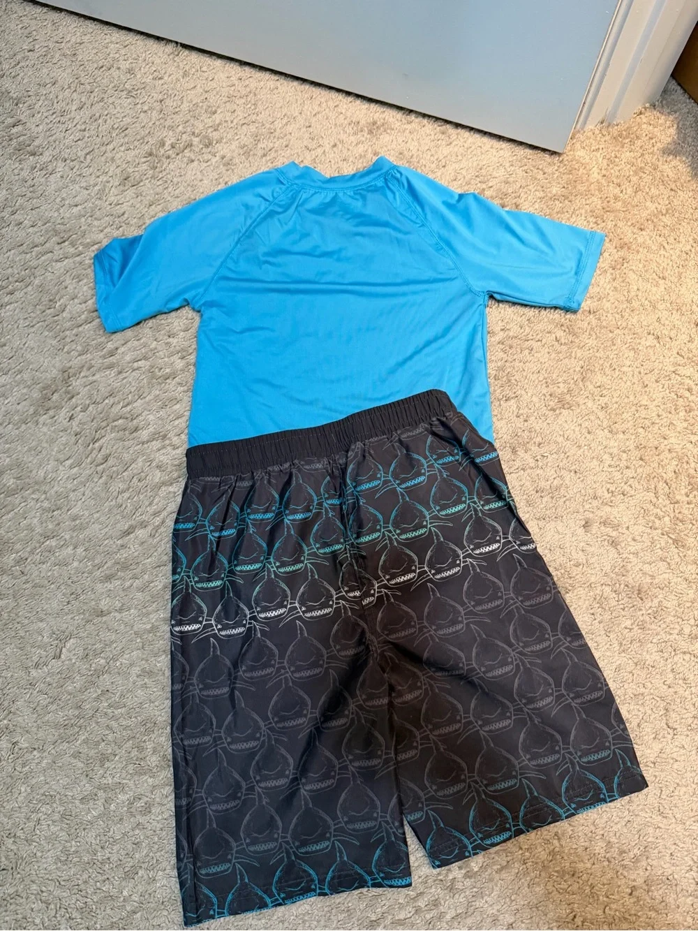Blue Shark Rashguard Top and Black Shark Print Swim Trunks Set